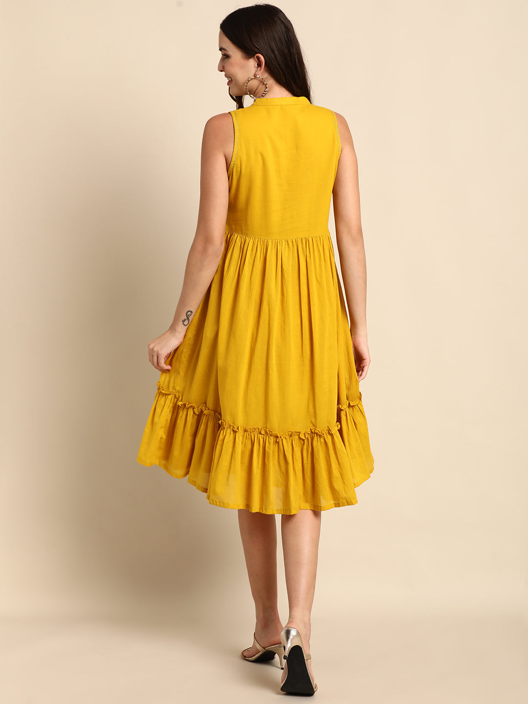 Janasya Women's Mustard Cotton Solid Flared Western Dress | Swadesiicart