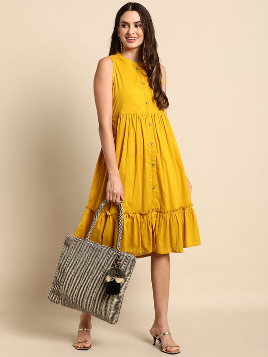 Janasya Women's Mustard Cotton Solid Flared Western Dress | Swadesiicart