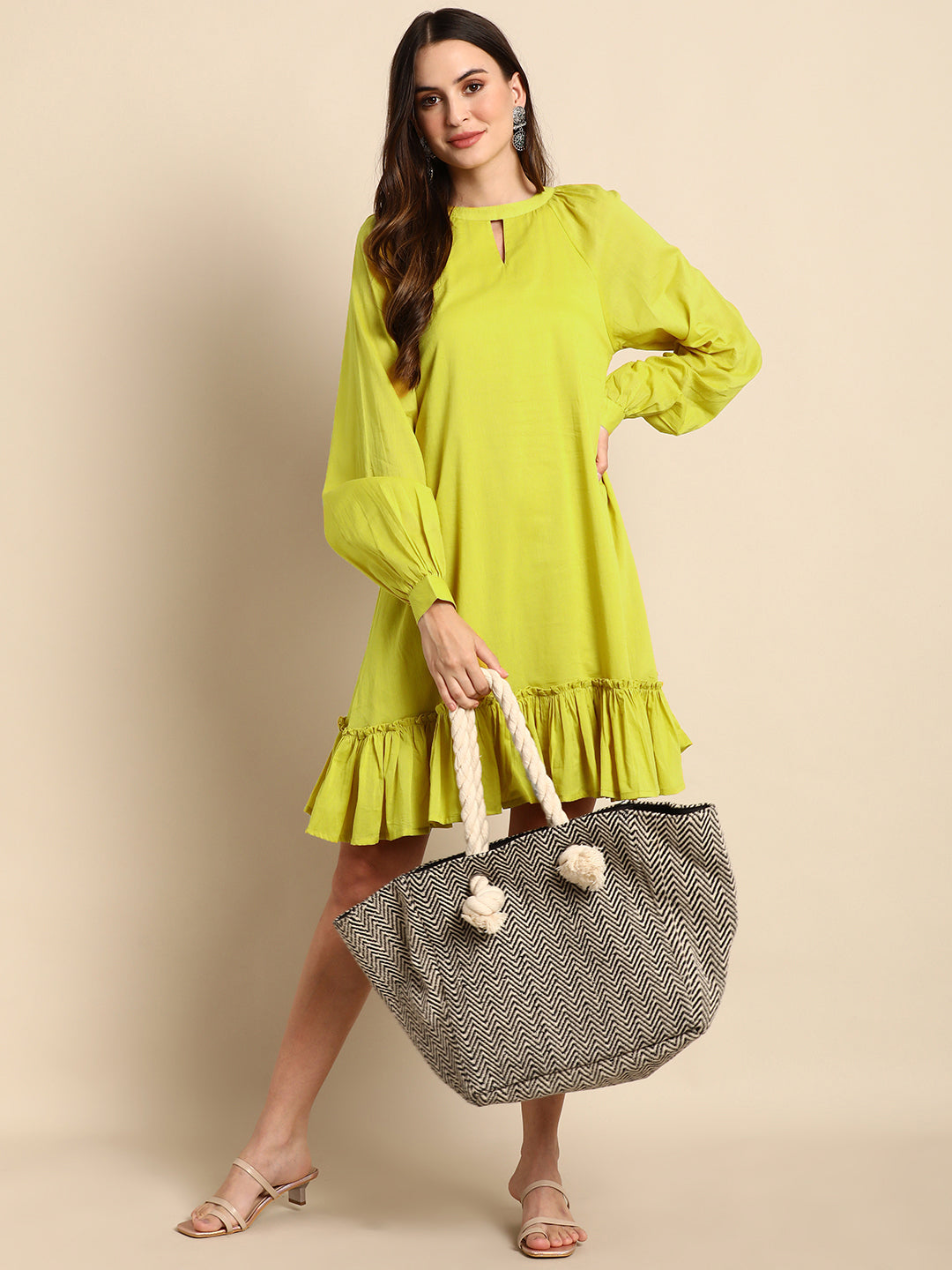 Janasya Women's Mustard Cotton Solid Drop-Waist Western Dress | Swadesiicart