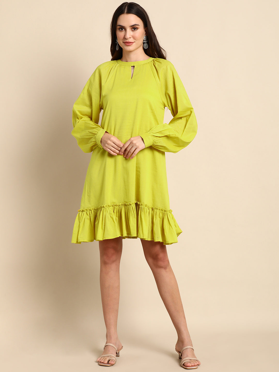 Janasya Women's Mustard Cotton Solid Drop-Waist Western Dress | Swadesiicart