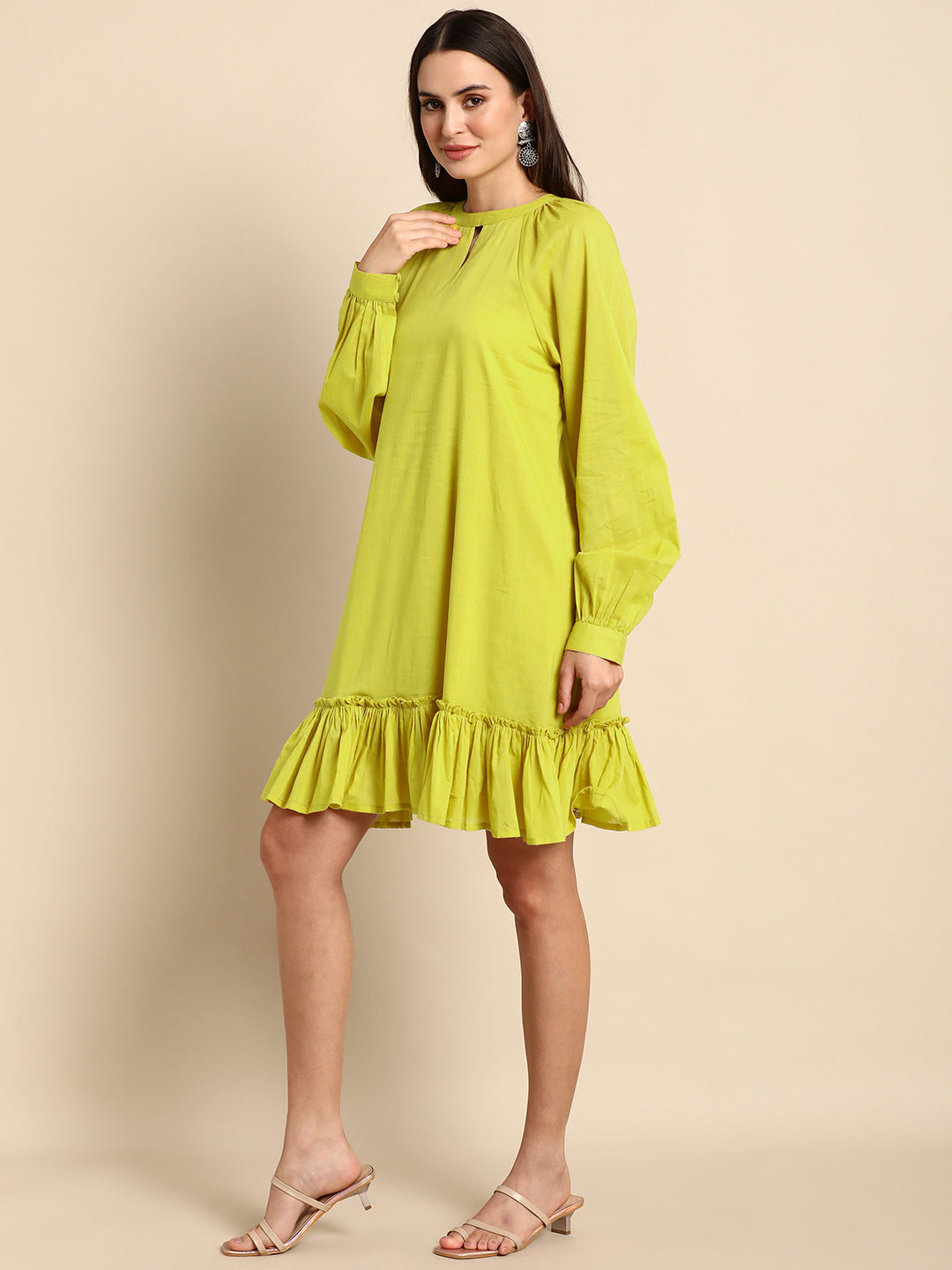 Janasya Women's Mustard Cotton Solid Drop-Waist Western Dress | Swadesiicart
