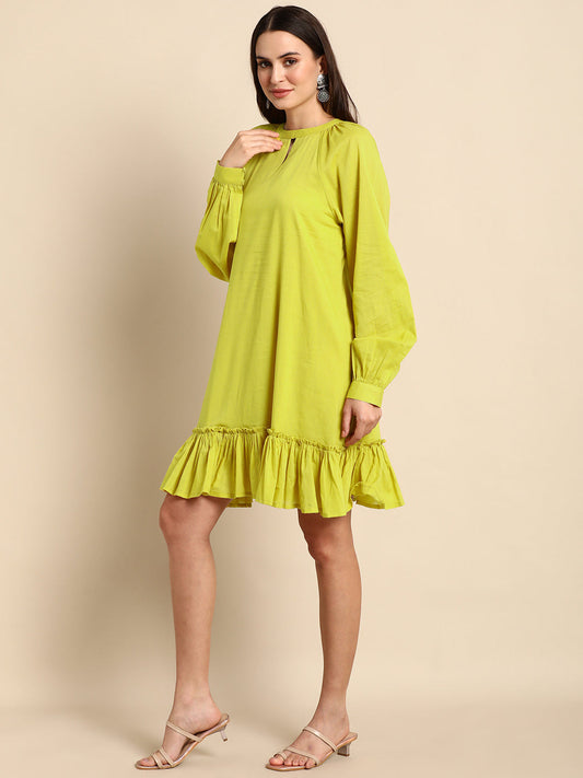 Janasya Women's Mustard Cotton Solid Drop-Waist Western Dress | Swadesiicart