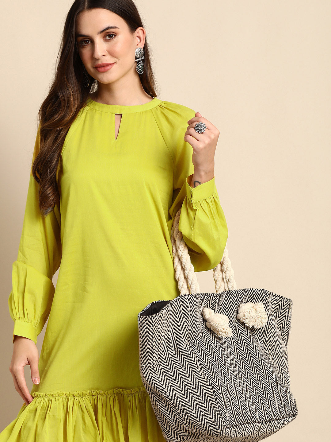 Janasya Women's Mustard Cotton Solid Drop-Waist Western Dress | Swadesiicart