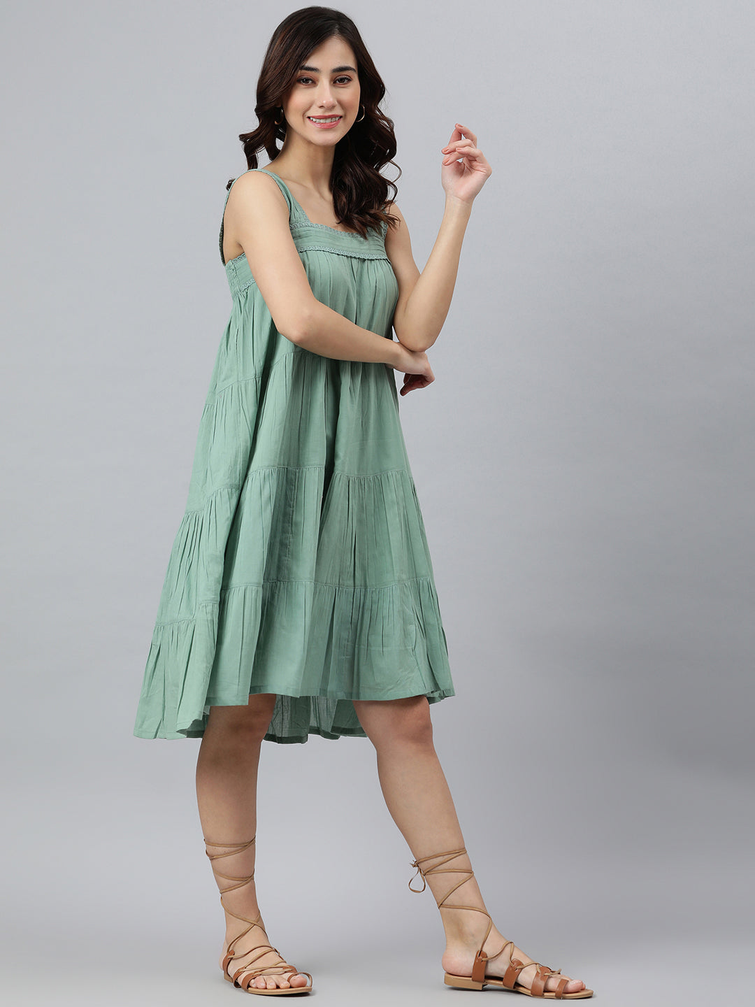 Janasya Women's Mint Green Cotton Solid Flared Western Dress | Swadesiicart