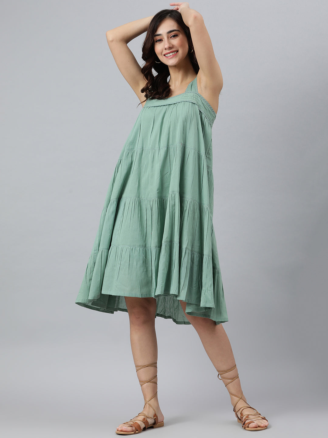 Janasya Women's Mint Green Cotton Solid Flared Western Dress | Swadesiicart