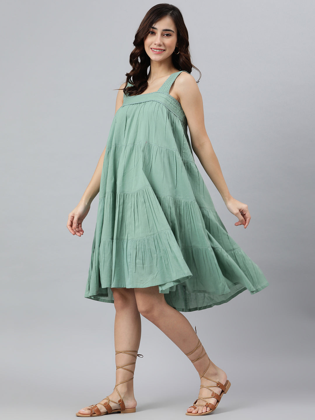 Janasya Women's Mint Green Cotton Solid Flared Western Dress | Swadesiicart