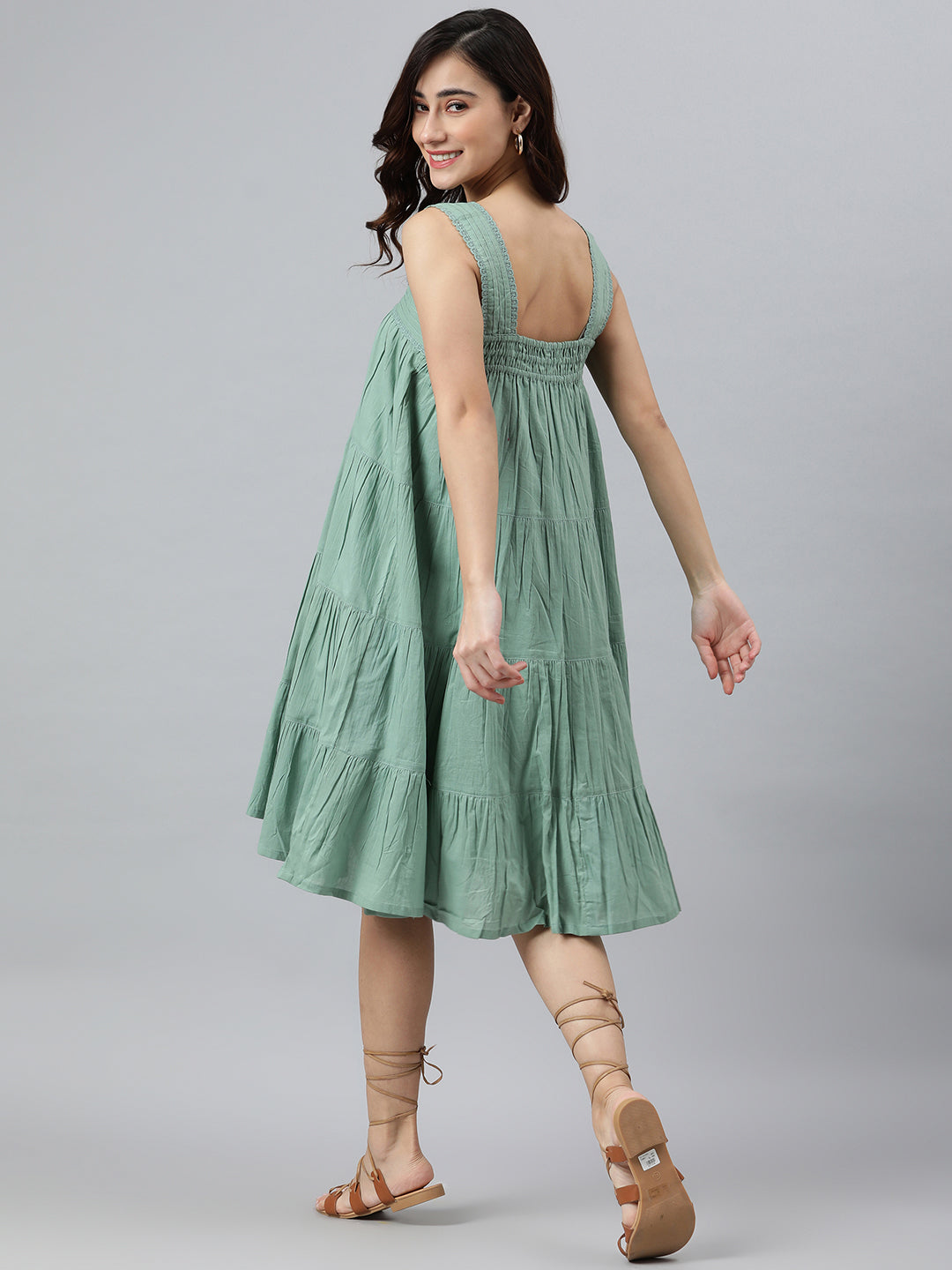 Janasya Women's Mint Green Cotton Solid Flared Western Dress | Swadesiicart