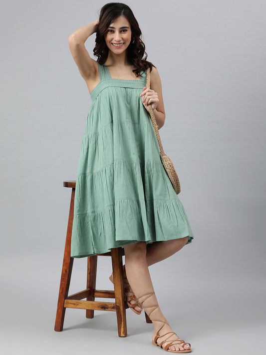 Janasya Women's Mint Green Cotton Solid Flared Western Dress | Swadesiicart