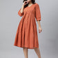 Janasya Women's Coral Orange Cotton Solid Flared Western Dress | Swadesiicart