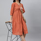 Janasya Women's Coral Orange Cotton Solid Flared Western Dress | Swadesiicart