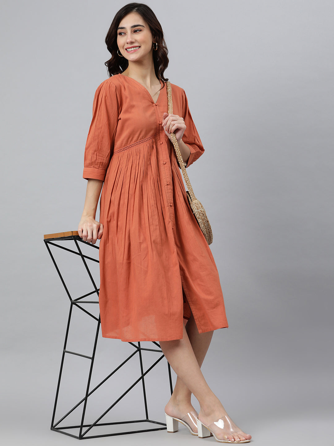 Janasya Women's Coral Orange Cotton Solid Flared Western Dress | Swadesiicart