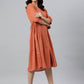 Janasya Women's Coral Orange Cotton Solid Flared Western Dress | Swadesiicart