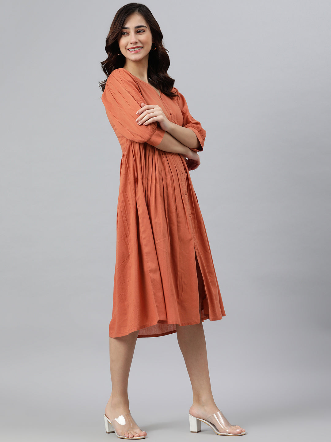 Janasya Women's Coral Orange Cotton Solid Flared Western Dress | Swadesiicart