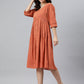 Janasya Women's Coral Orange Cotton Solid Flared Western Dress | Swadesiicart
