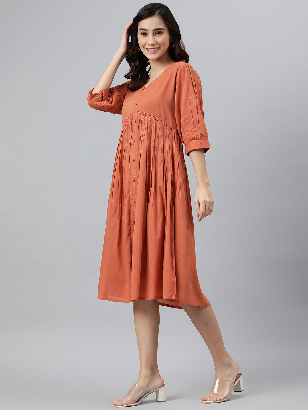 Janasya Women's Coral Orange Cotton Solid Flared Western Dress | Swadesiicart