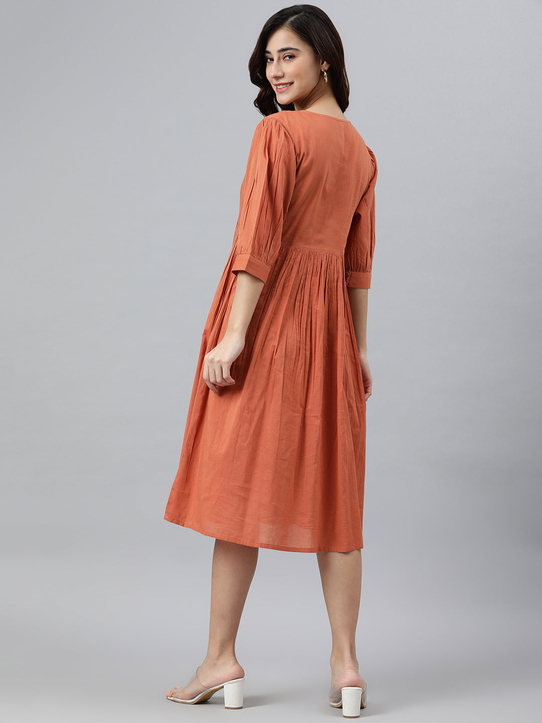 Janasya Women's Coral Orange Cotton Solid Flared Western Dress | Swadesiicart