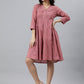 Janasya Women's Coral Pink Cotton Solid Flared Western Dress | Swadesiicart