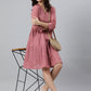 Janasya Women's Coral Pink Cotton Solid Flared Western Dress | Swadesiicart