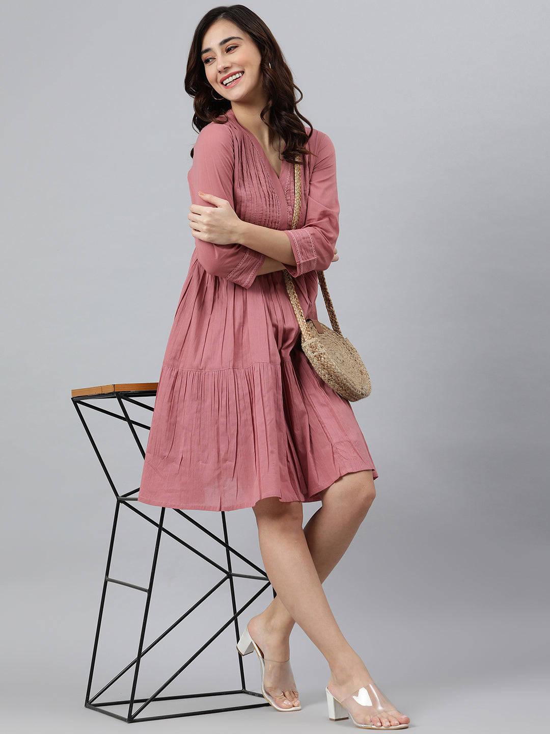 Janasya Women's Coral Pink Cotton Solid Flared Western Dress | Swadesiicart