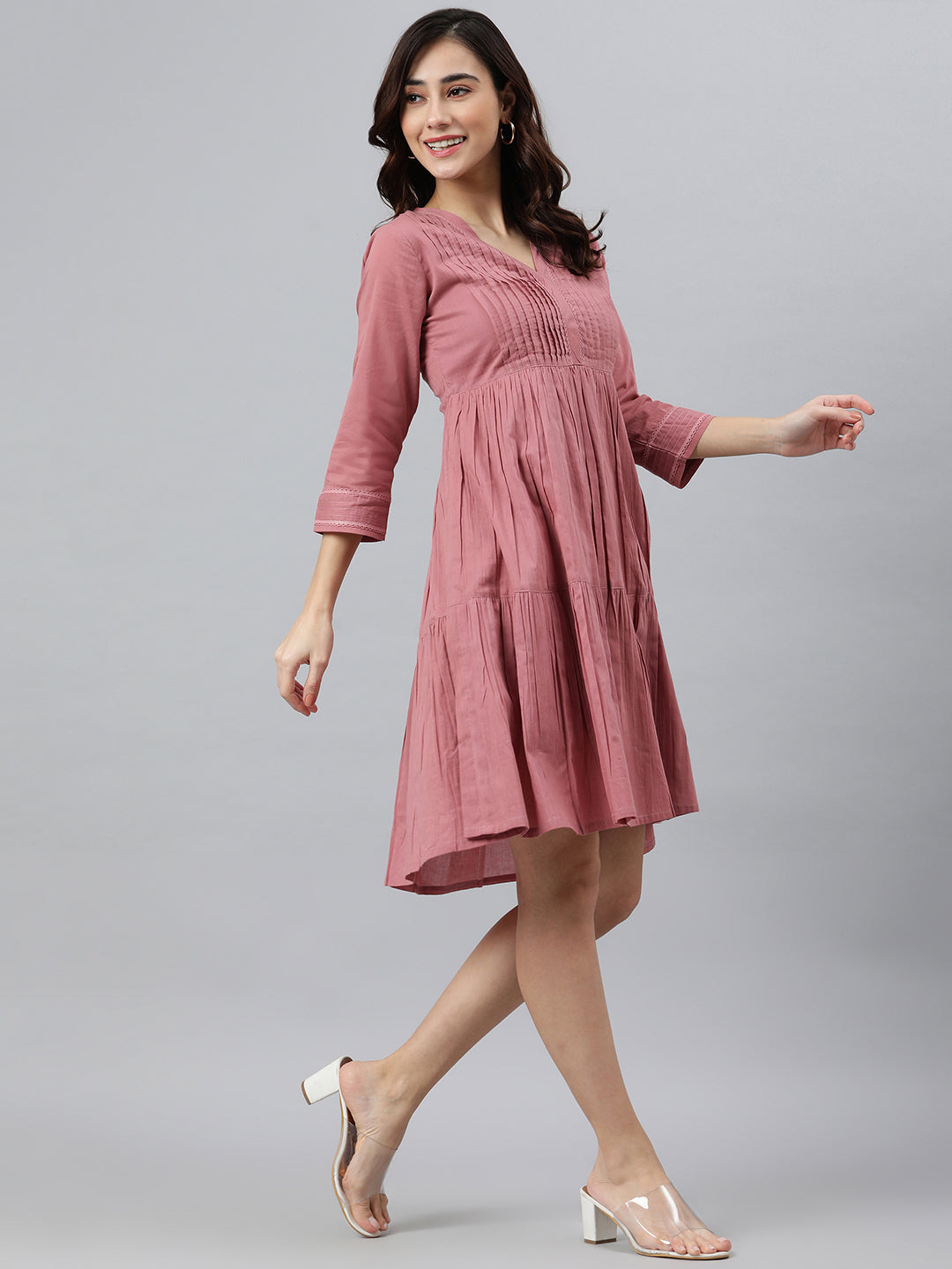 Janasya Women's Coral Pink Cotton Solid Flared Western Dress | Swadesiicart