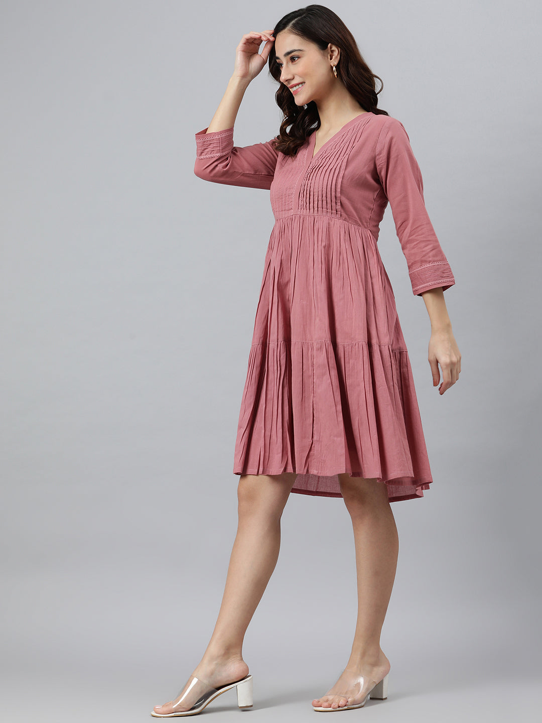 Janasya Women's Coral Pink Cotton Solid Flared Western Dress | Swadesiicart