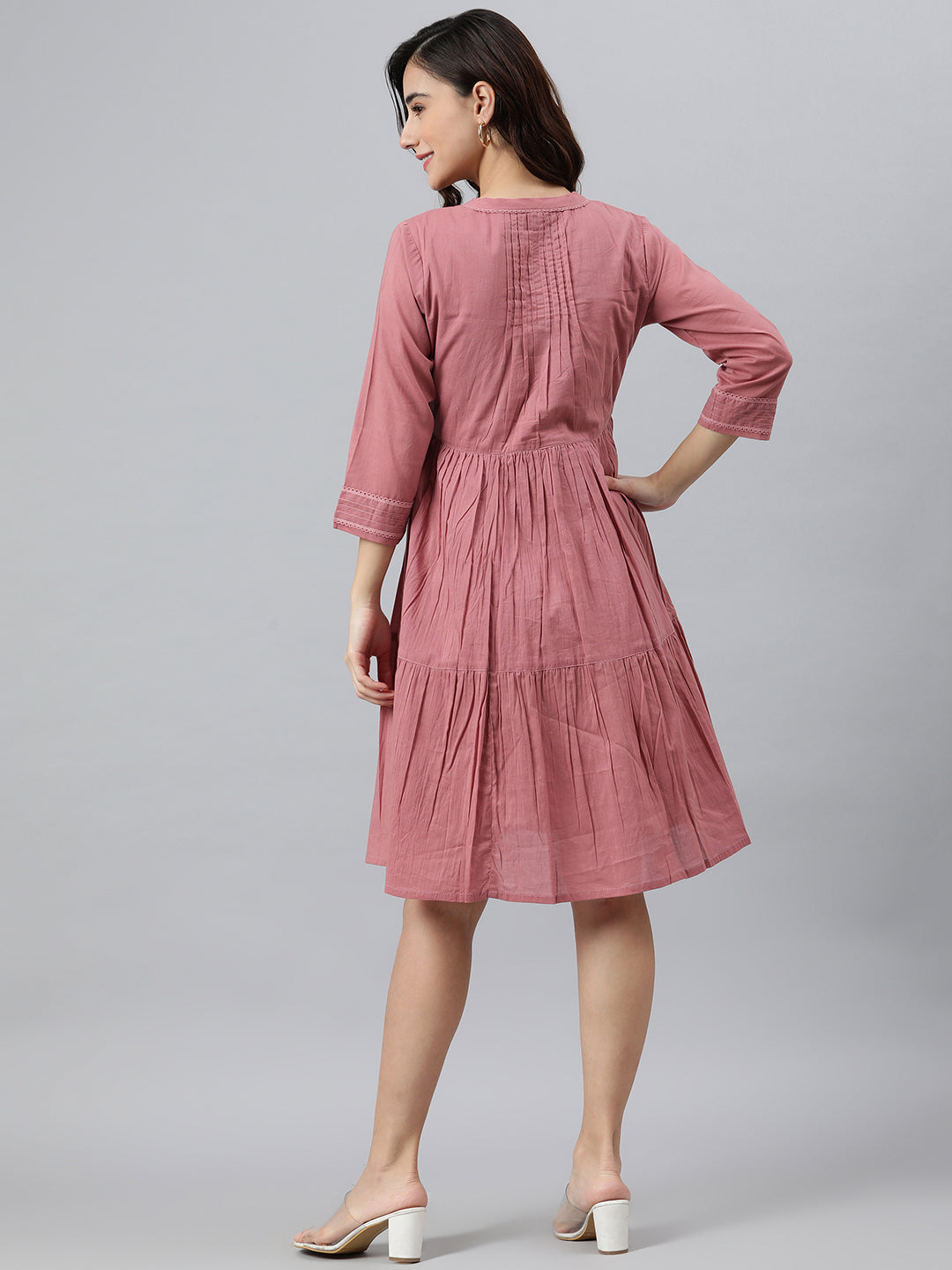 Janasya Women's Coral Pink Cotton Solid Flared Western Dress | Swadesiicart
