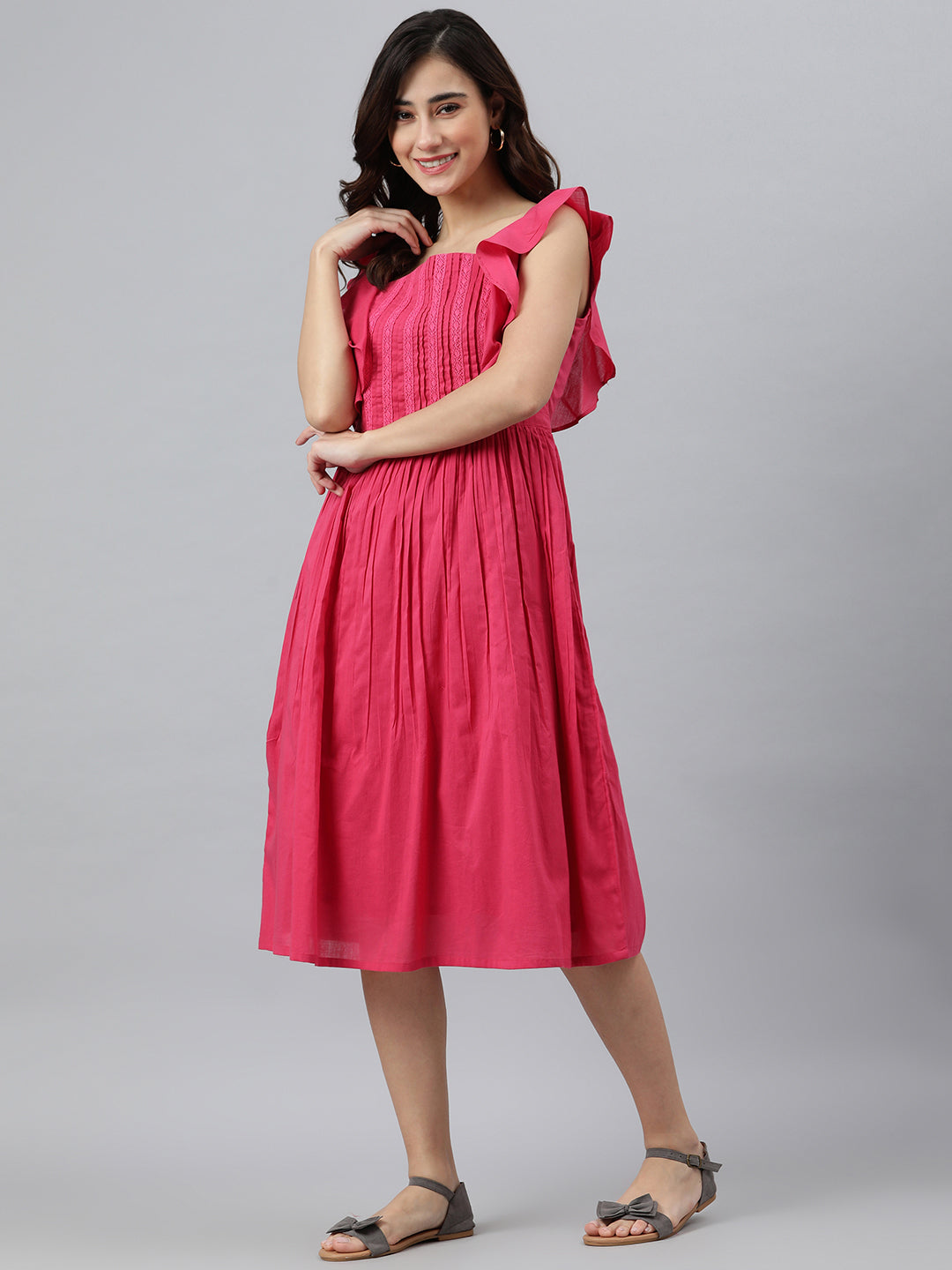 Janasya Women's Pink Cotton Solid Flared Western Dress | Swadesiicart