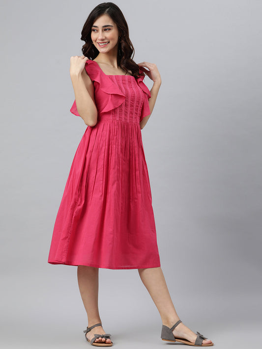 Janasya Women's Pink Cotton Solid Flared Western Dress | Swadesiicart