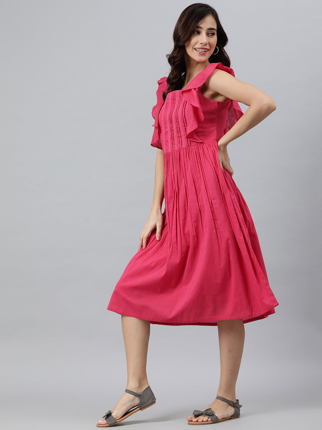 Janasya Women's Pink Cotton Solid Flared Western Dress | Swadesiicart