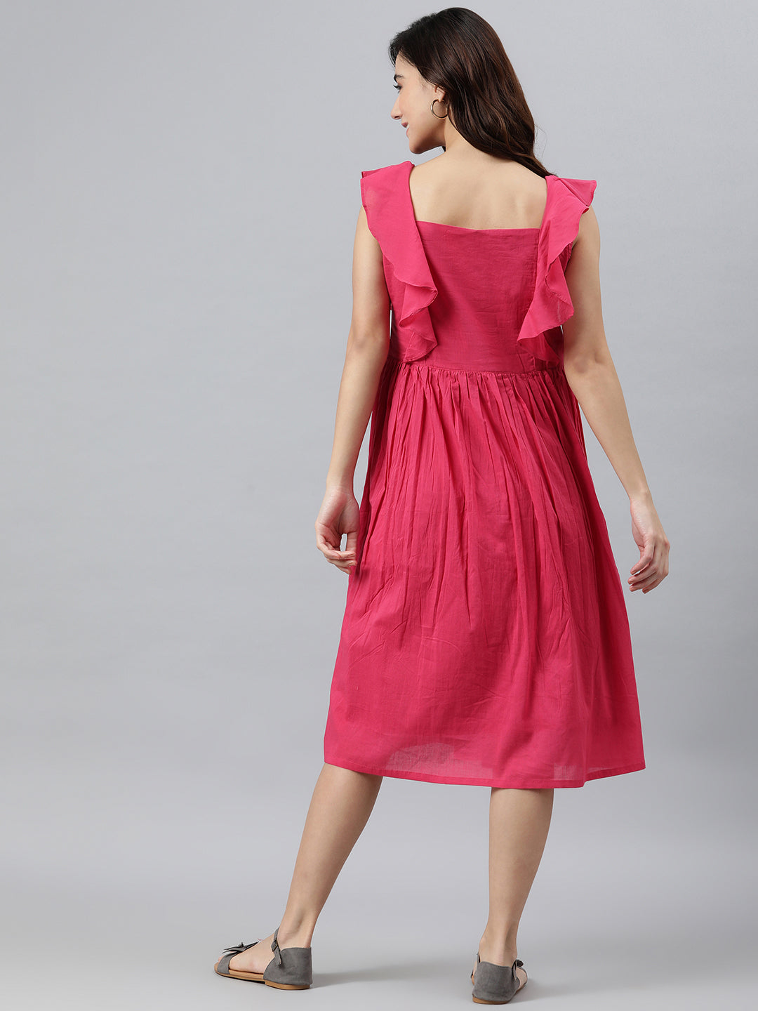 Janasya Women's Pink Cotton Solid Flared Western Dress | Swadesiicart