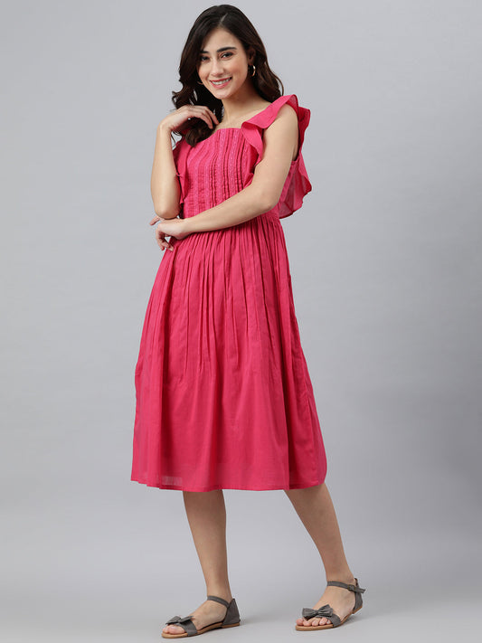 Janasya Women's Pink Cotton Solid Flared Western Dress | Swadesiicart