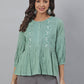Janasya Women's Sea Green Cotton Embroidered A-Line Top | Swadesiicart