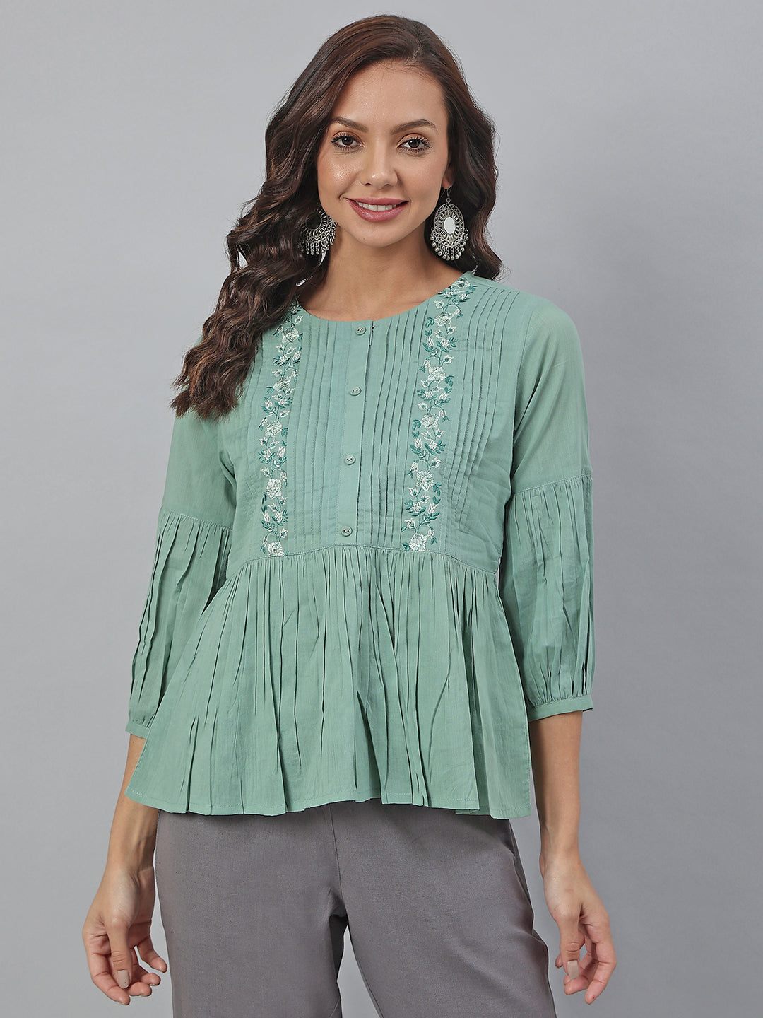 Janasya Women's Sea Green Cotton Embroidered A-Line Top | Swadesiicart