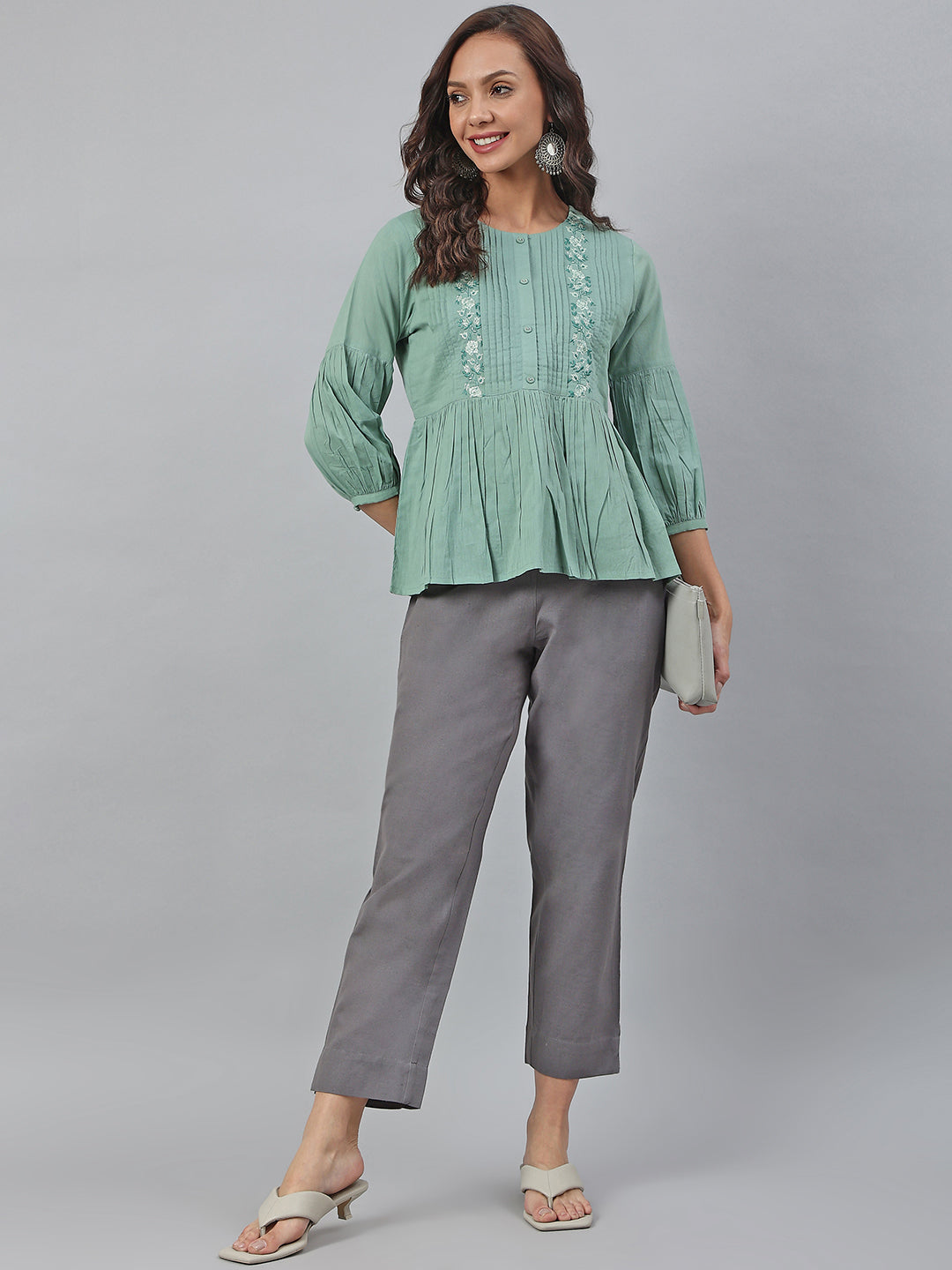 Janasya Women's Sea Green Cotton Embroidered A-Line Top | Swadesiicart