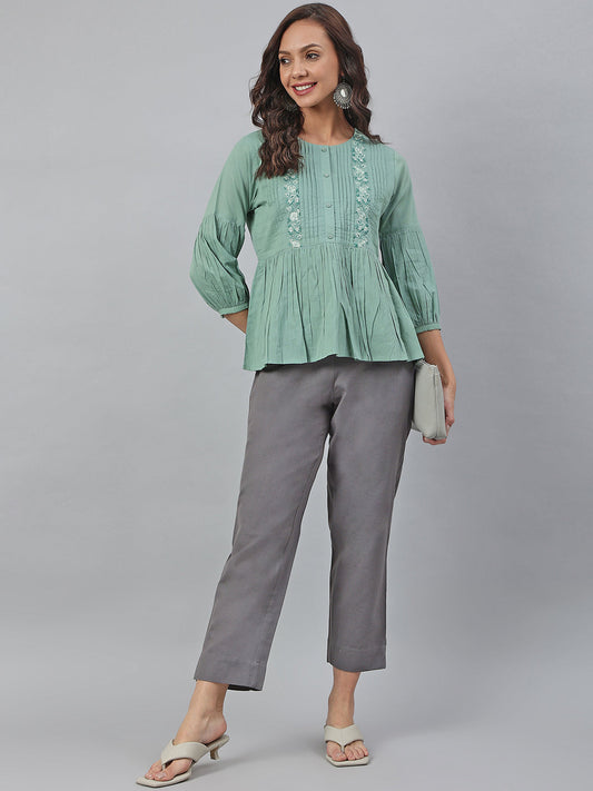 Janasya Women's Sea Green Cotton Embroidered A-Line Top | Swadesiicart