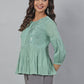 Janasya Women's Sea Green Cotton Embroidered A-Line Top | Swadesiicart