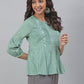 Janasya Women's Sea Green Cotton Embroidered A-Line Top | Swadesiicart