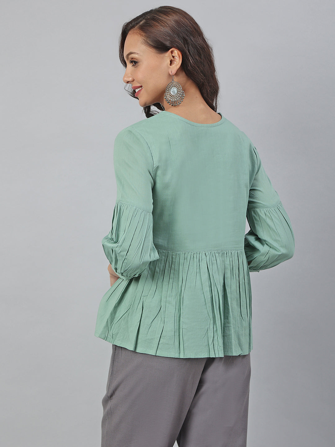 Janasya Women's Sea Green Cotton Embroidered A-Line Top | Swadesiicart