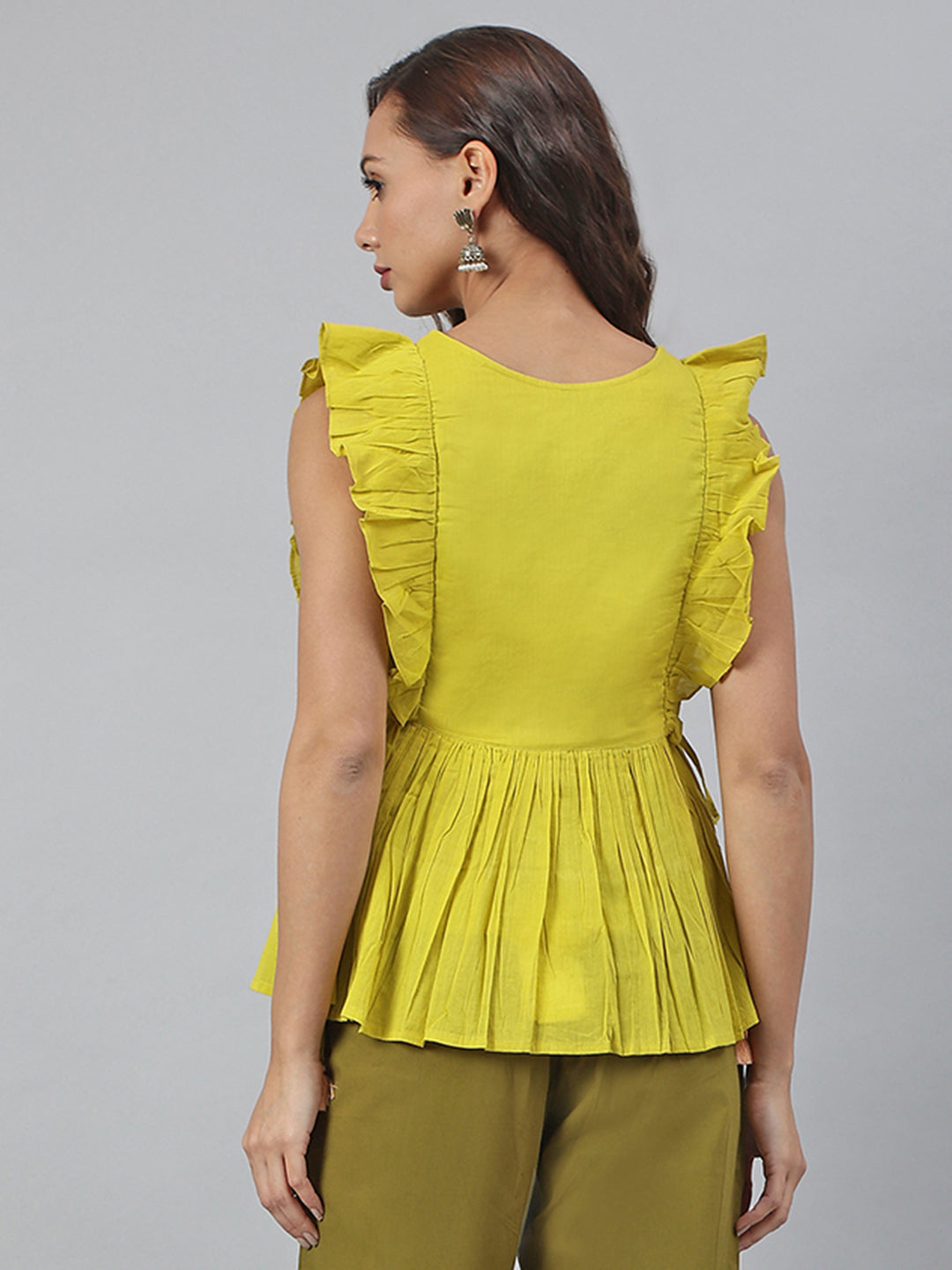 Janasya Women's Yellow Cotton Embroidered Peplum Top | Swadesiicart