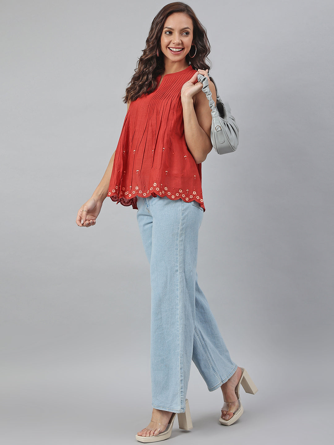 Janasya Women's Maroon Cotton Embroidered A-Line Top | Swadesiicart