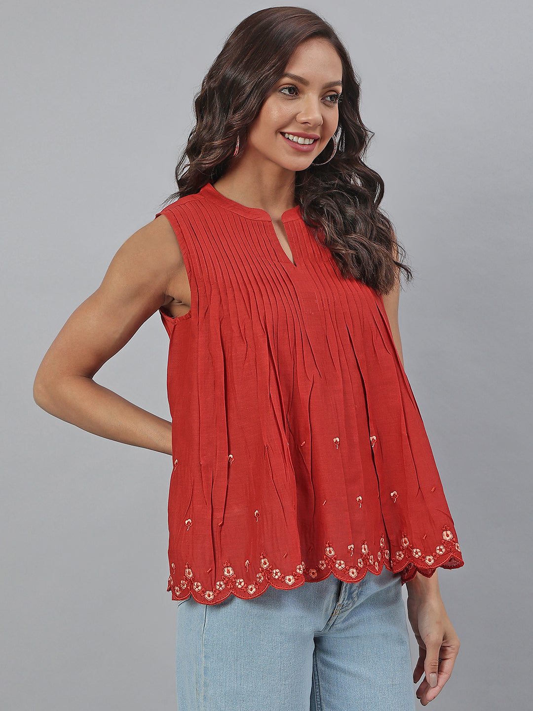 Janasya Women's Maroon Cotton Embroidered A-Line Top | Swadesiicart
