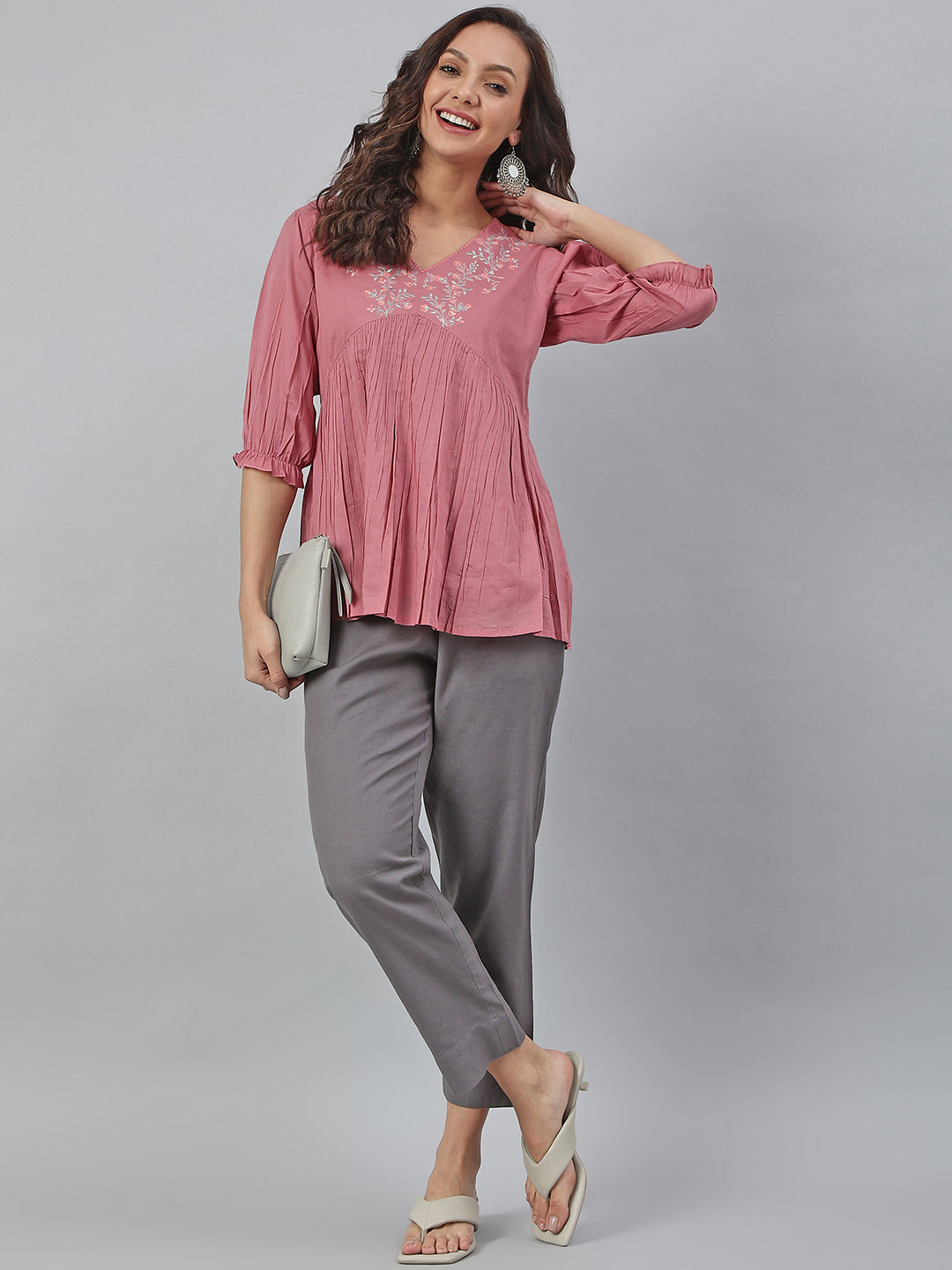 Janasya Women's Pink Cotton Embroidered Fit and Flared Top | Swadesiicart