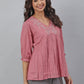 Janasya Women's Pink Cotton Embroidered Fit and Flared Top | Swadesiicart