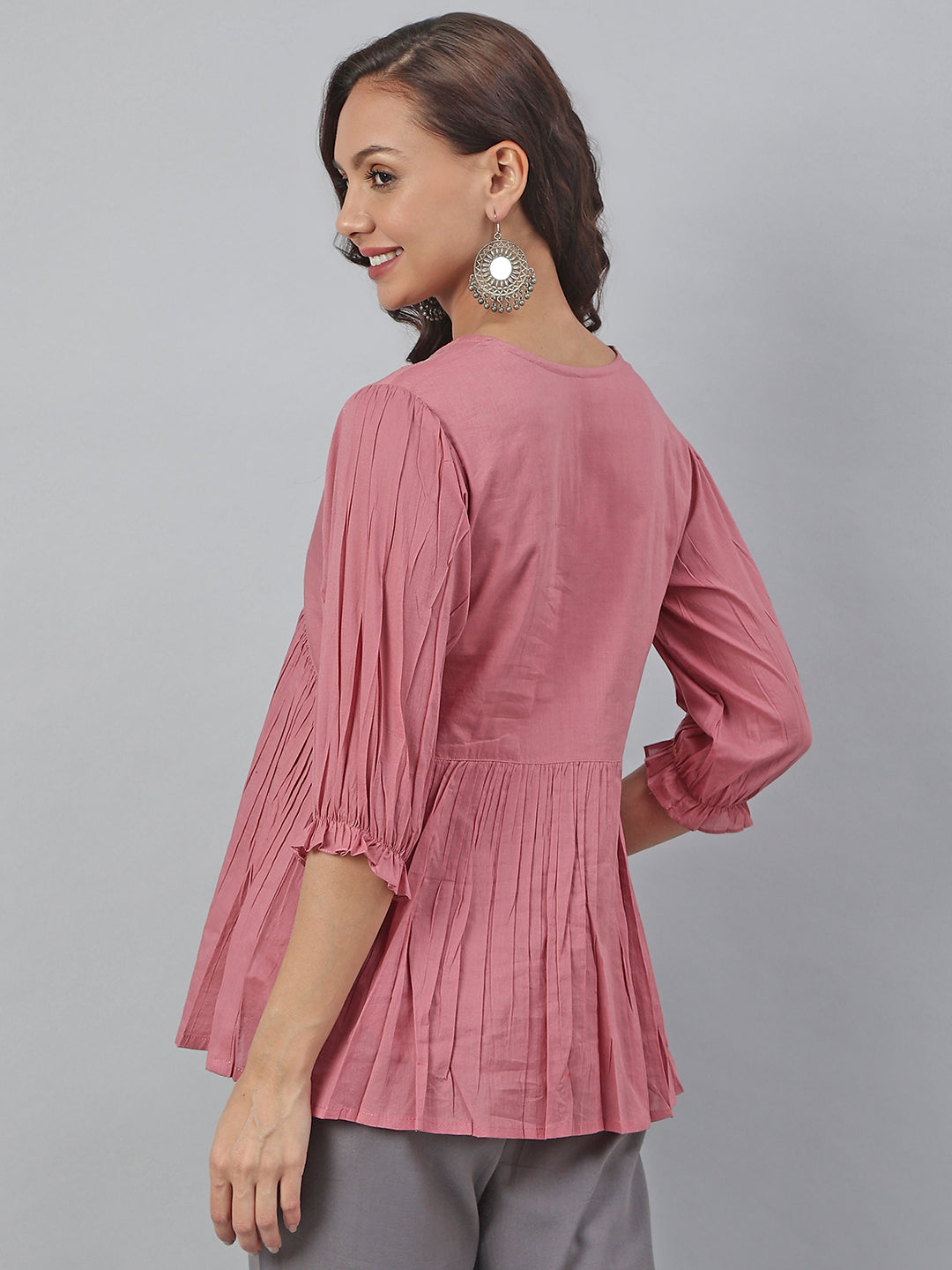 Janasya Women's Pink Cotton Embroidered Fit and Flared Top | Swadesiicart