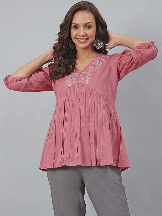 Janasya Women's Pink Cotton Embroidered Fit and Flared Top | Swadesiicart