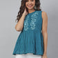 Janasya Women's Teal Cotton Embroidered Flared Top | Swadesiicart