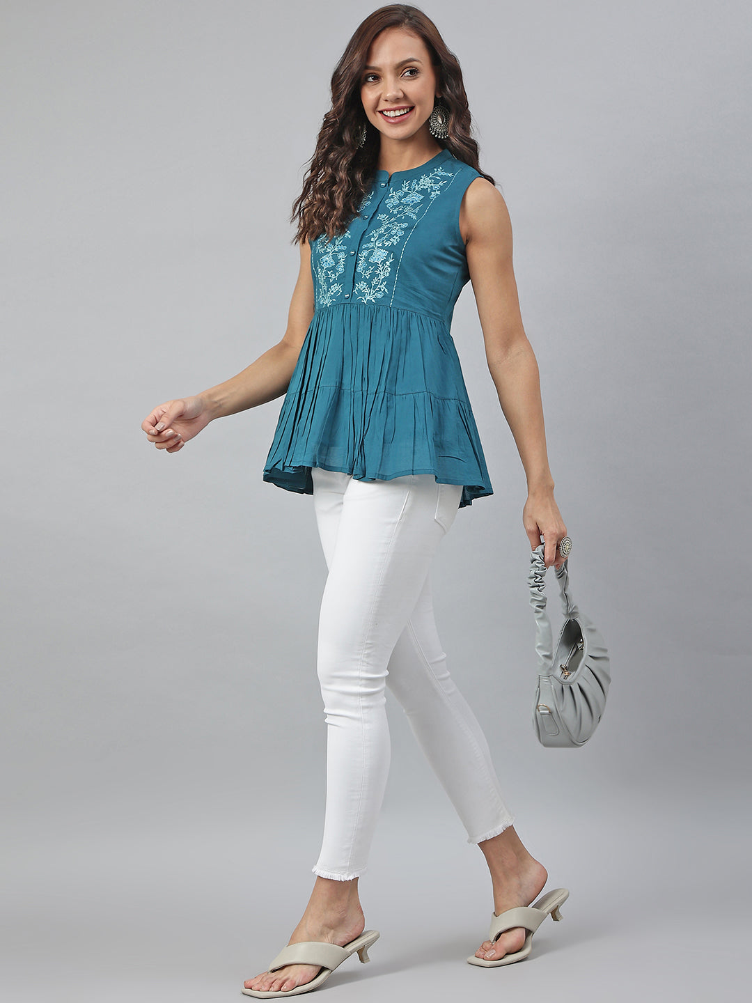 Janasya Women's Teal Cotton Embroidered Flared Top | Swadesiicart
