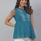 Janasya Women's Teal Cotton Embroidered Flared Top | Swadesiicart
