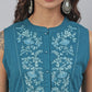Janasya Women's Teal Cotton Embroidered Flared Top | Swadesiicart