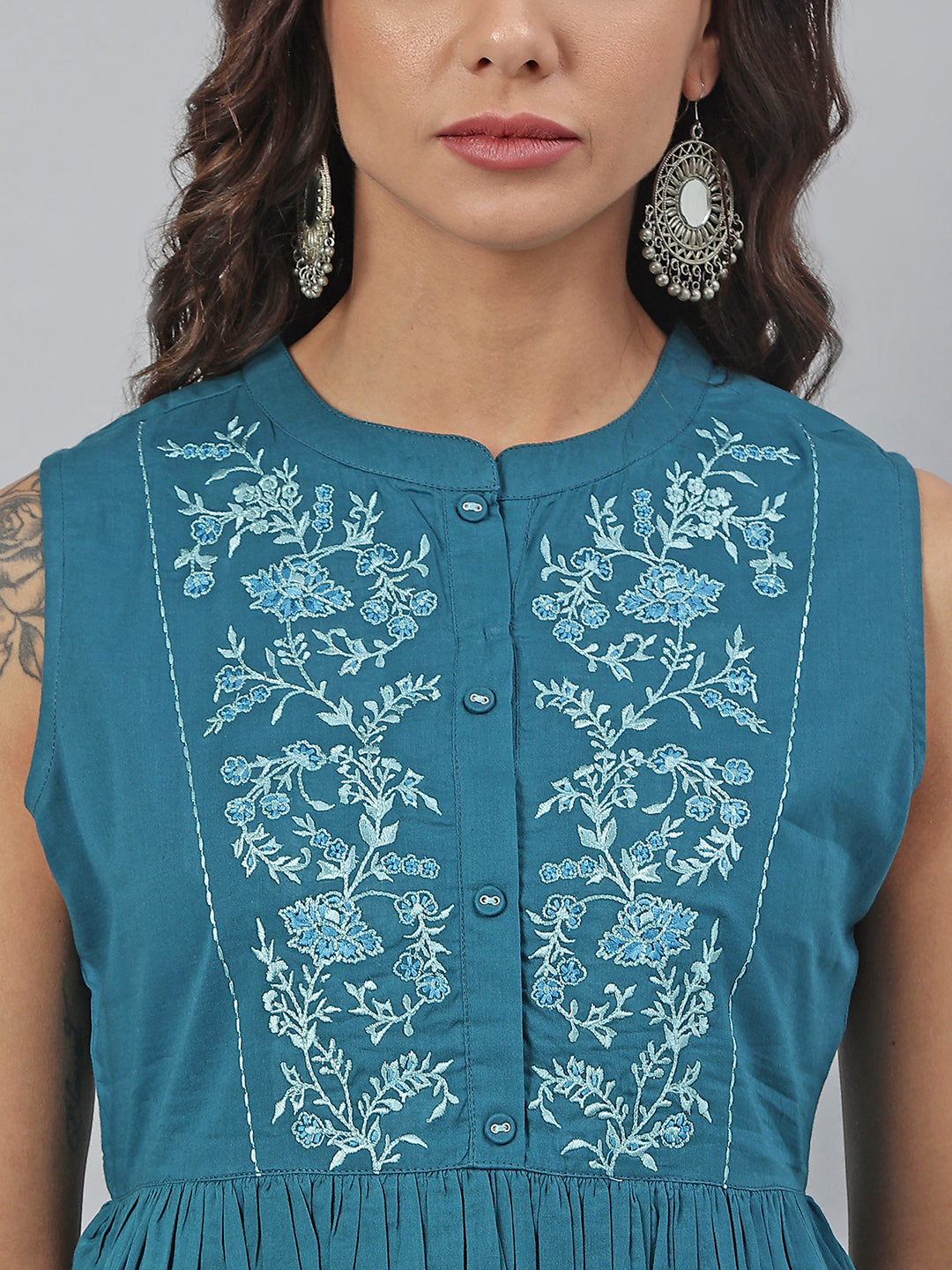 Janasya Women's Teal Cotton Embroidered Flared Top | Swadesiicart